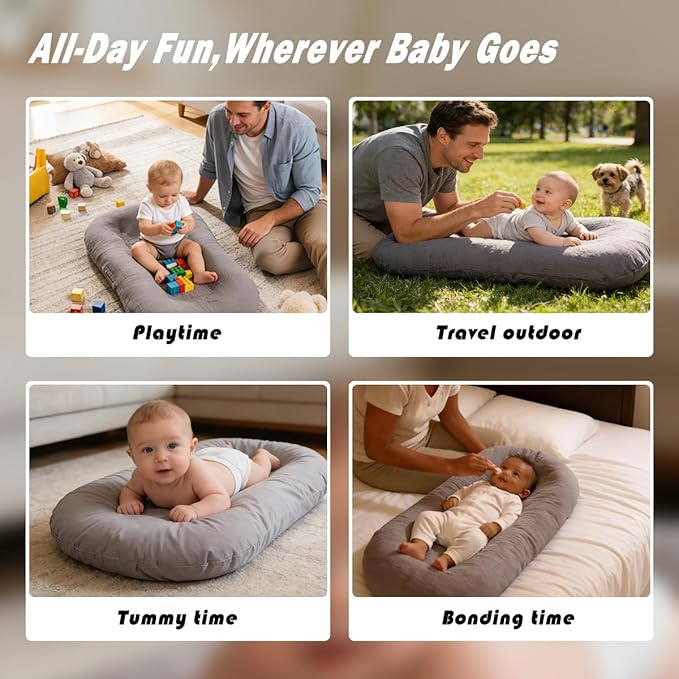 Baby Lounger - Snuggle Cozy Me Infant Lounger for Newborn 0-12 Months, Flannel Cover，Portable Breathable & Soft Baby Nest Lounger for Home and Travel - Lack Blue