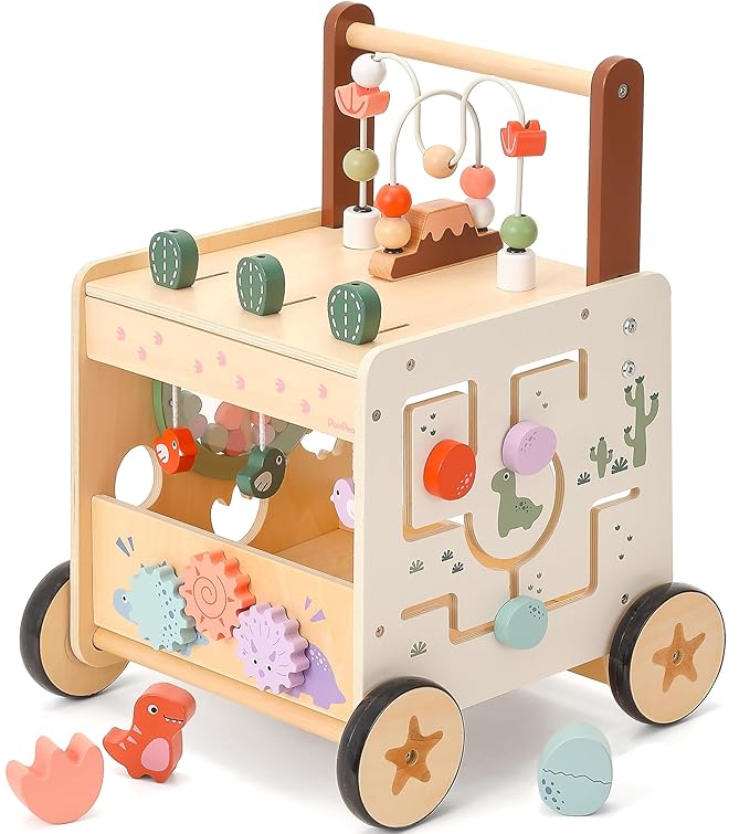 PairPear Wooden Activity Cube Push Walker, 6 in 1 Wooden Baby Walker Montessori Toys for Baby Boys & Girls 12M+, Adjustable Speed Push Cart with Brake Activity Center Toys Learning to Walk