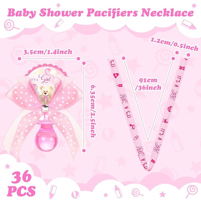 Hotop 36 Pcs Baby Shower Pacifier Necklace Bulk Bear Acrylic Pacifier Necklace for Baby Shower Charm Necklaces Party Favors for Girls Boys Gender Reveal Decoration Table Pieces(Pink,Girl)
