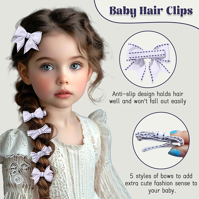 YHXX YLEN Hair Bows for Girls 10 PCS Fully Lined White Hair Clips Tiny 2" Grosgrain Stitch Edge Alligator Clips for Baby Girls Infants Toddlers in Pairs