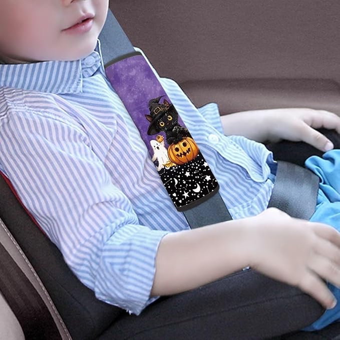 Biyejit Black Cat Pumpkins Car Seat Strap Covers for Kids Baby, Halloween Decor Anti-Slip Soft Car Seat Strap for All Car Seats, Stroller, Pushcar, Backpack Shoulder Pads