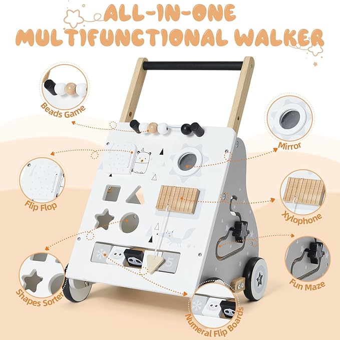 Wooden Baby Walker, Baby Push Walker with Wheel, Push and Pull Toys Learning to Walk, Montessori Walker Toy for Kids Development, Adjustable Speed and Height