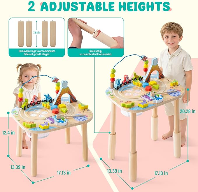 Montessori Activity Table for 1 Year Old, 9-in-1 Wooden Activity Table with Adjustable Height, Train, Shape Sorter, Xylophone, Baby Sensory Educational Learning Toys, Birthday Gift (Dinosaur)