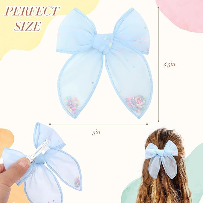6 PCS Tulle Hair Bows for Girls, CN Toddler Bows with Glitter Star Alligator, Colorful Hair Barrettes Wedding Hair Grips Accessories for Baby Girls Infants Toddler Teens Party (Type A)