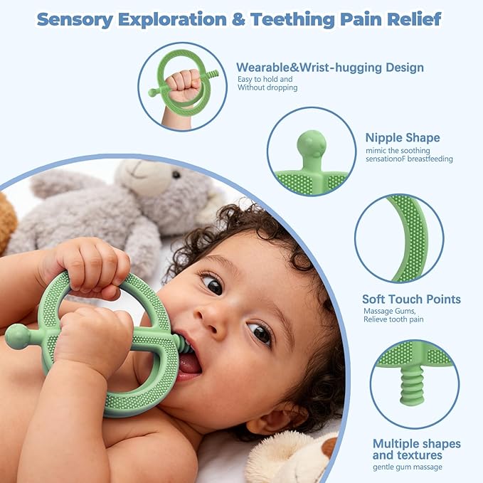 2 Pack Get-A-Grip Baby Teether Toy, No-Drop Sensory Teether with Easy Grasp for Babies 6-12 Months, Silicone Food-Grade Teething Mittens for Infant Chew Toys & Teething Relief(Green&Khaki)