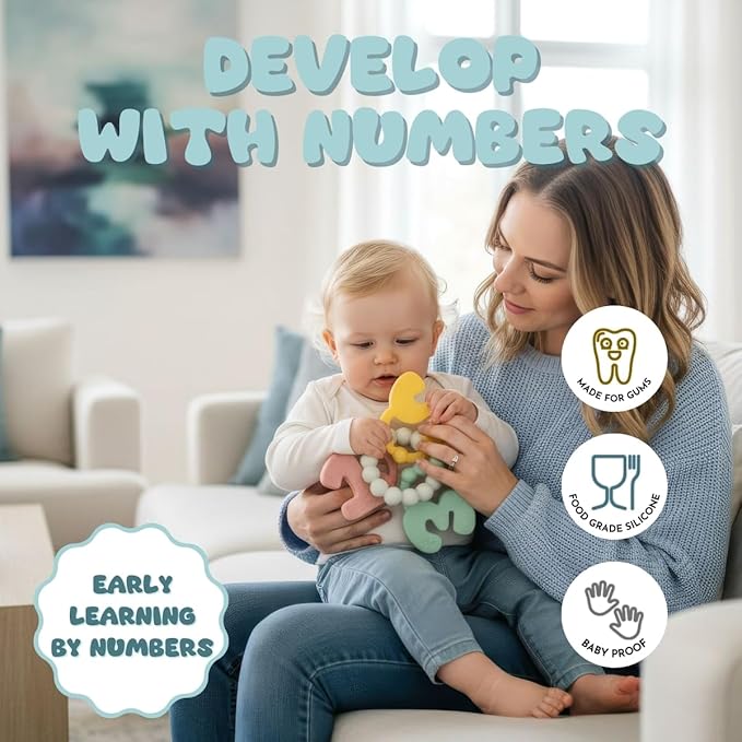 Early Learning Baby Teething Toys - Montessori Silicone Baby Teether with Number Shapes 1 2 3, Sensory Brain Development Teething Relief Rings 4-6 Months, bpa Free Infant Toys 6-12 mths