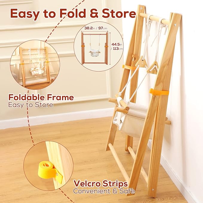 FUNLIO Montessori Wooden Swing Set for Toddlers 6-36 Months, Foldable Indoor Baby Swing Set of Durable Pine, Portable with 4 Sandbags &Extension Straps, Toddler Swing for Indoor/Outdoor