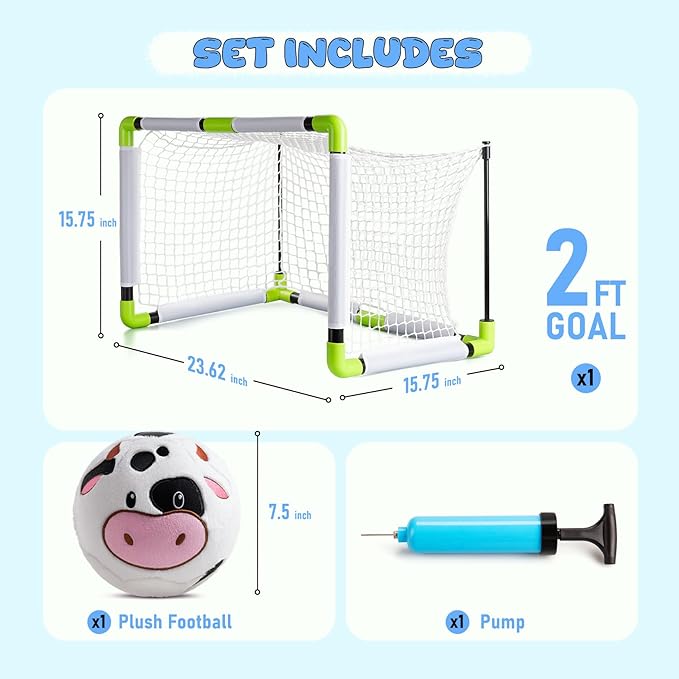 VangeBow Toddler Toy Soccer Goals for Backyard Indoor with Soft Plush Cow Ball, Mini Soccer Nets and Ball Set for Kids(Pump Include)