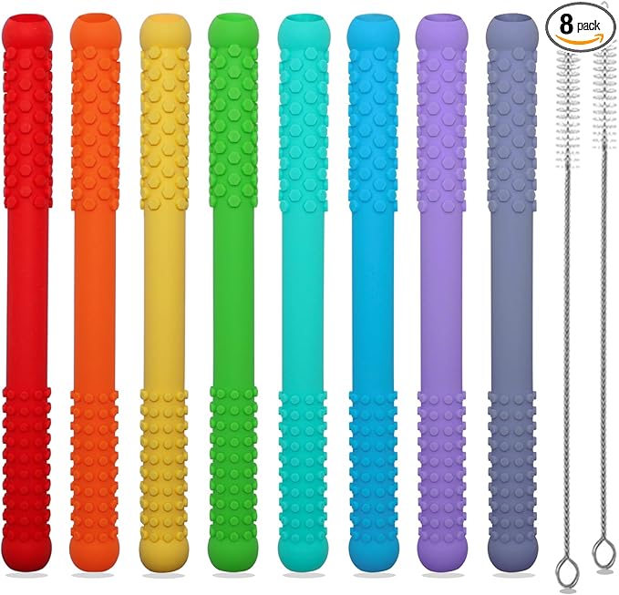 Teething Straws Sticks for Babies 6-12 12-18 Months, 8 Pack Teething Toys 3-6 Months, Silicone Teethers for Babies Toddlers Nursing Biting Chewing, Autism Chew Toys for Sensory Kids Teething Relief