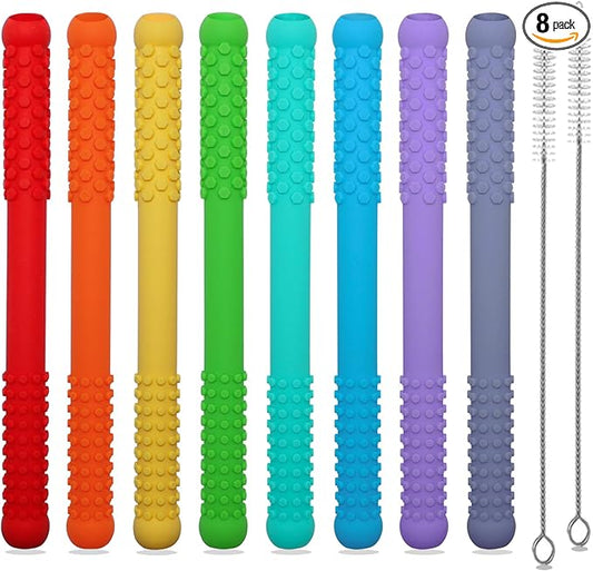 Teething Straws Sticks for Babies 6-12 12-18 Months, 8 Pack Teething Toys 3-6 Months, Silicone Teethers for Babies Toddlers Nursing Biting Chewing, Autism Chew Toys for Sensory Kids Teething Relief