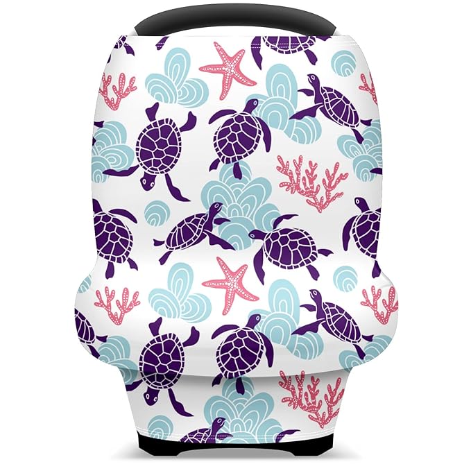 Baby Car Seat Stroller Covers Purple Sea Turtles Marine Starfish Nursing Cover Breastfeeding Scarf Soft Breathable Stretchy Coverage Carseat Canopy Cover for Boys and Girls Soft Breathable Multi Use