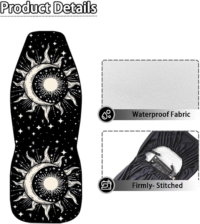 Gothic Sun Moon Car Seat Covers 2 Pcs, Waterproof Universal Front Seat Protector, Easy to Install Automobile Interior Decorate Accessories Universal Fit for Car SUV Trucks