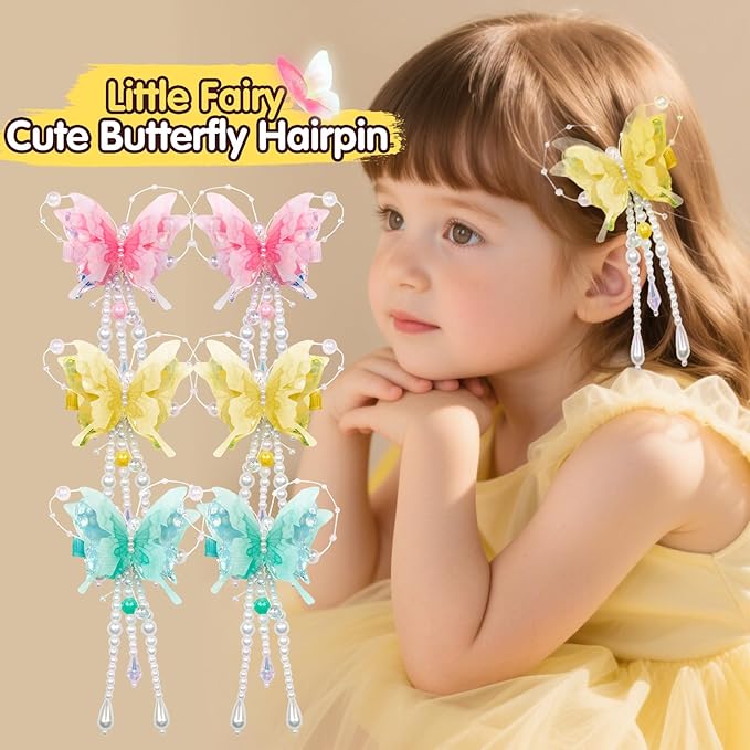 6-piece set of pearl bow tassel hair clips. Highlight the girl's gentle and sweet style. Suitable for girls and children. 3color combinations for butterflies: yellow, green, and pink