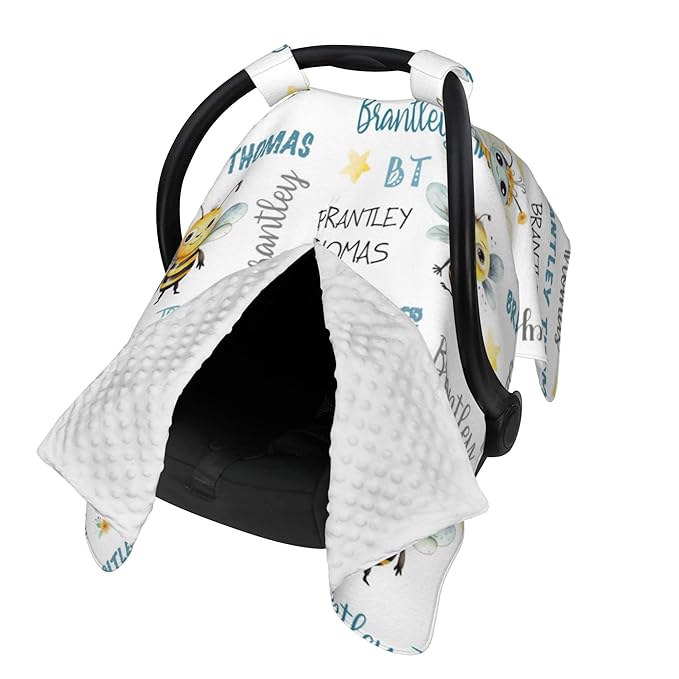 Custom Baby Car Seat Canopy Personalized Car Seat Covers with Name for Baby Boys Girls Customized Bee Nursing Breastfeeding Cover Infant Carseat Canopies Newborn Minky Baby Blanket
