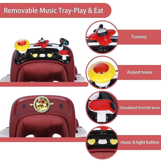 Kinder King Baby Walker with Music & Lights, 5 in 1 Baby Activity Walker with Wheel, Adjustable Height & Seat, Learning-Seated & Toddler Walk-Behind, Safety Bumper, Infant Walker Anti-Rollover, Red
