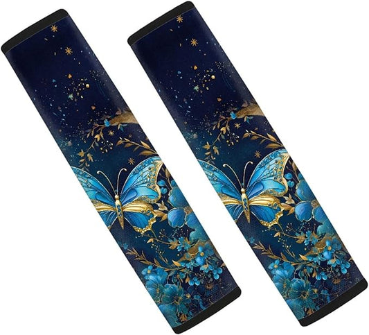 UNICEU Galaxy Blue Butterfly Car Seat Belt Covers, Soft Shoulder Strap Pad for Kids Adults, 2 Packs Soft Neoprene Safety Seatbelt Shoulder Strap
