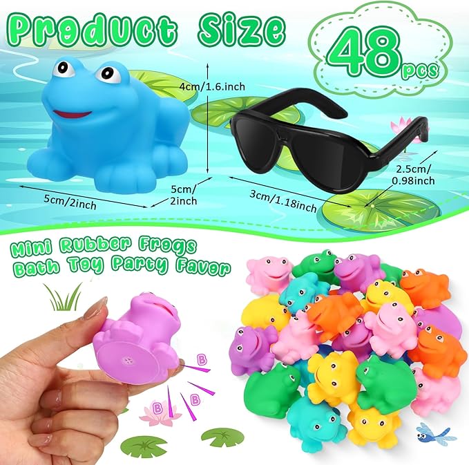 Halloscume 24 Pack Mini Rubber Frogs Bulk with Sunglasses Small Squeaky and Floating Frog Toy Swimming Frog for Summer Birthday Party Easter Basket Stuffers Classroom Exchange Carnival Prize, Colorful
