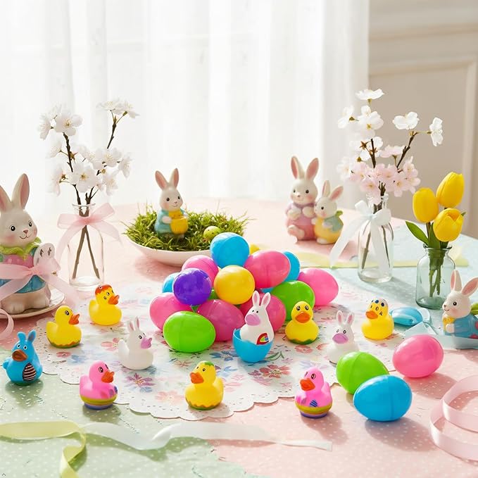 24 Pcs Prefilled Easter Eggs with Bunny Duckies,Bright Colorful Easter Eggs Prefilled with Variety Duckies for Fun Bath Bunny Duckies, Easter Basket Stuffers and Bathtub Toys Party Favors