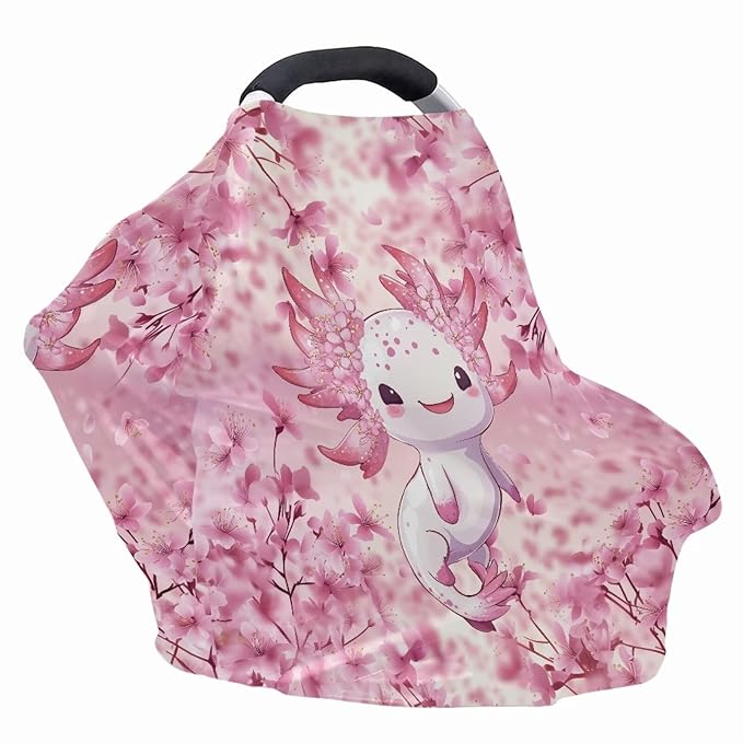 Biyejit Axolotl Pink Floral Nursing Cover for Newborn Breastfeeding Multi Use Infant Stroller Canopy Unisex Baby Car Seat Cover High Chair Cover Shopping Cart Cover for Baby Boy Girl