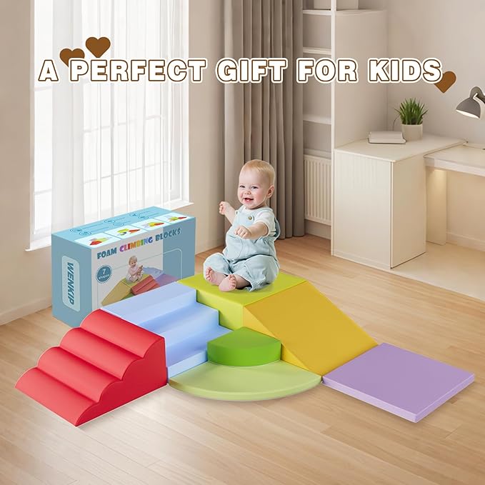 7-Piece Foam Climbing Blocks for Toddlers & Babies 1-5: Ultimate Indoor Play Toy Set with Soft PU Leather, Safe Crawling, Walking & Sensory Motor Skills Activity Blocks