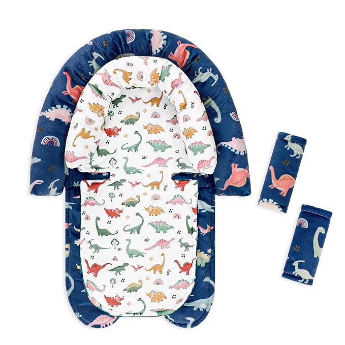 Baby Car Seat Head Support & Strap Covers, Upgraded 2-in-1 Infant Car Seat Insert Cushion for Newborn Girls, Perfect for Carseat, Stroller, Swing, Extra Soft, Dinosaur