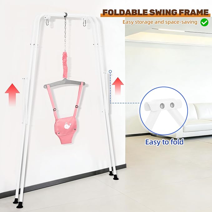 Baby Jumper with Stand, Foldable Activity Jumper for Infants, Height Adjustable Baby Bouncer No Doorway Needed Toddler Jumper, Portable Indoor Outdoor Baby Activity Center for 6-12 Months (Pink)