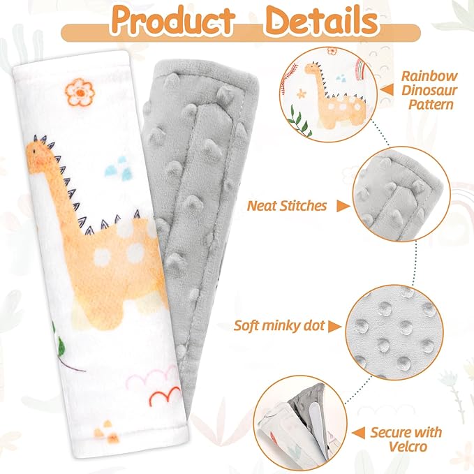 Baby Car Seat Strap Pads, Car Seat Strap Shoulder Covers for Baby Infant Toddler, Double-Sided Car Seat Belt Covers for Stroller/Pushchair/Baby Swing, Soft Flannel, Dinosaur