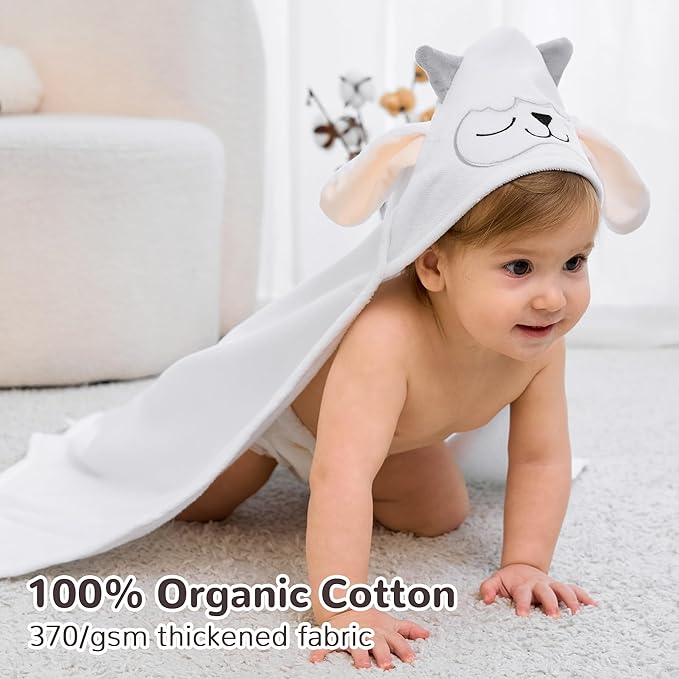 Viviland 2 Pack Hooded Baby Towels, Soft 100% Cotton Baby Bath Towels with Hood, Extra Thick and Absorbent, Essential for Newborns, Kids, Infants - Girls and Boys (Sheep & Purple Cat)