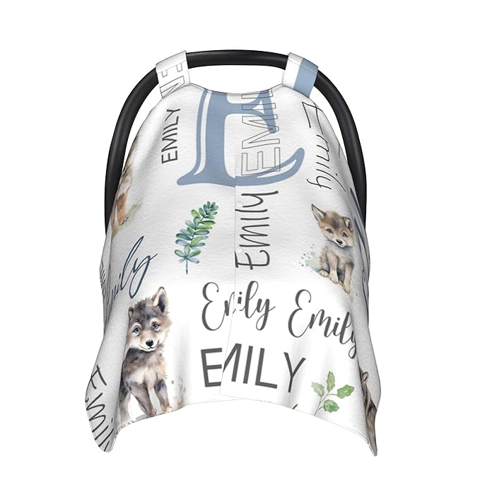 Personalized Baby Car Seat Cover Custom Name CarSeat Canopy Customized Wolf Newborn Nursing Breastfeeding Cover Minky Baby Blanket Infant Car Seat Canopies for Baby Girls Boys
