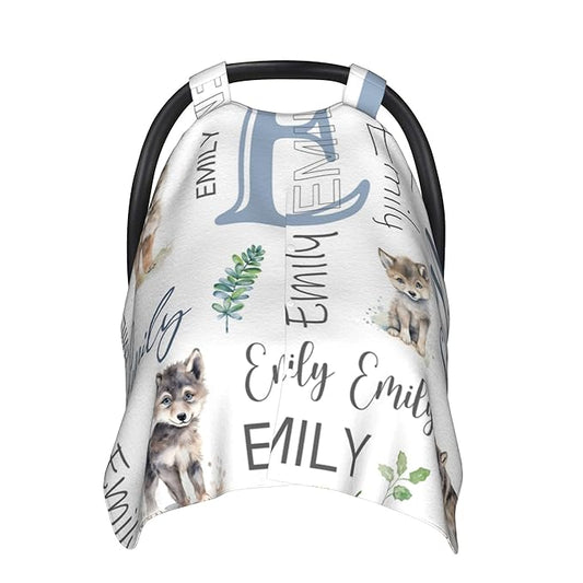 Personalized Baby Car Seat Cover Custom Name CarSeat Canopy Customized Wolf Newborn Nursing Breastfeeding Cover Minky Baby Blanket Infant Car Seat Canopies for Baby Girls Boys