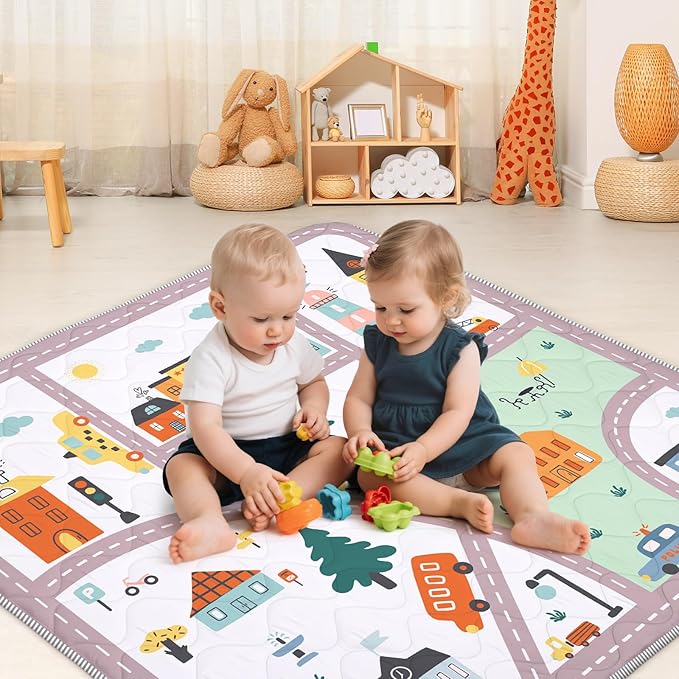 Baby Play Mat for Floor,Soft 50x50 Playpen Mat,Thick Foam Playmat for Tummy Time,Safe Non-Slip Backing for Kids,City Road