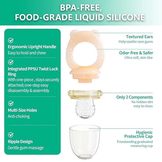 Baby Fruit Feeder& Teether with Freezer Tray Combo, BPA-Free Silicone Food Feeder for 4+ Months, Breastmilk Popsicle Molds for Teething Relief, Dishwasher Safe Baby Food Freezer Tray with Lid