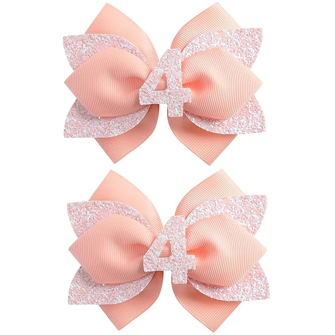 Pink Birthday Hair Bow for Baby Girls - 2Pcs Peach-pink Sprinkle Hair Clips for 4th Birthday Glitter Baby Bow Party Decorations for Girls Toddlers Hair Accessories