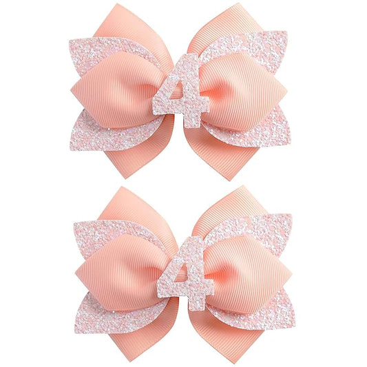 Pink Birthday Hair Bow for Baby Girls - 2Pcs Peach-pink Sprinkle Hair Clips for 4th Birthday Glitter Baby Bow Party Decorations for Girls Toddlers Hair Accessories