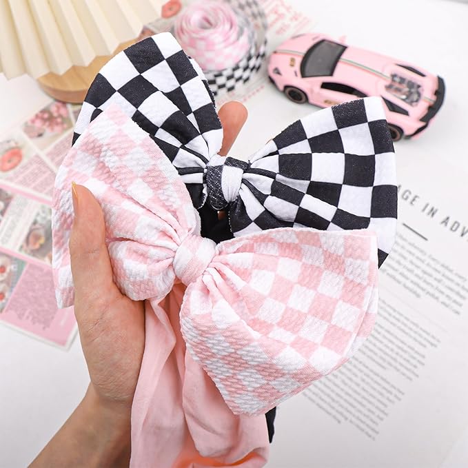 YanJie 2PCS 6’’ Light Pink Bows for Baby Girls Checkered Headband Black Bow Infants Toddler Hair Accessories Newborn Headbands Hair Bow Baby Clothes