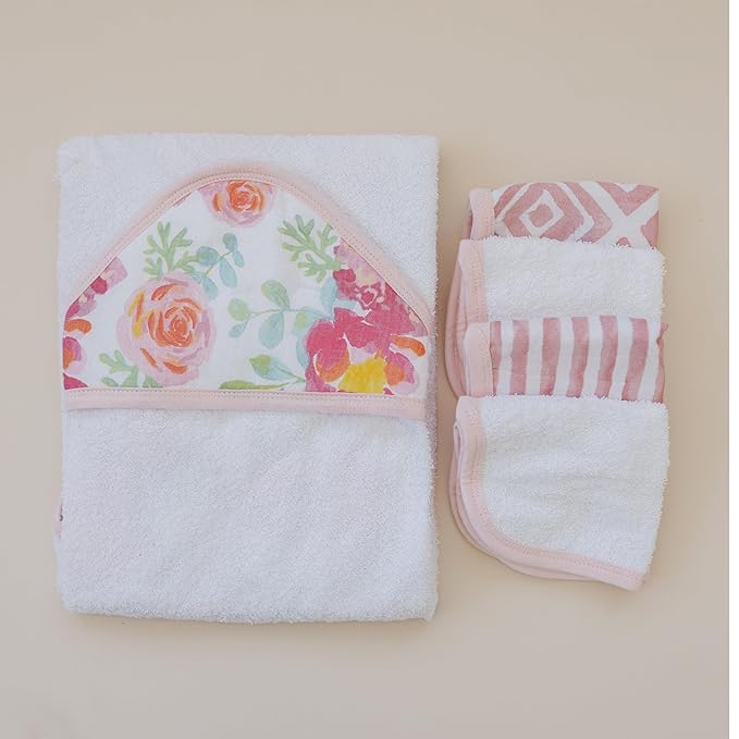 Featherhead™ 5-Piece 100% Cotton Muslin Hooded Bath Towel & Washcloths Set for Baby Girl - Ultra Soft and Extra Absorbent - Newborn Essential & Perfect Baby Registry Gift (Garden Floral)