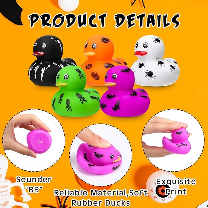 Wettarn 60 Pcs Halloween Rubber Ducks 2 Inch Mini Rubber Duckies Halloween Bath Toys Ghosts Pumpkins Skeletons Bats Spiders Bathtub Toys for Trick or Treat Goodie Bag Fillers Party