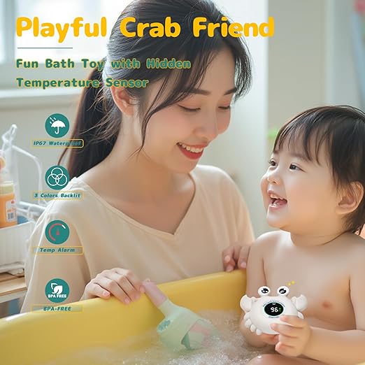 Baby Bath Thermometer Crab Toy - Digital Floating Water Thermometer with LED Display & Color Alerts for Infants, Cute Bath Tub Sensor & Safe Bath Time Essential Toy