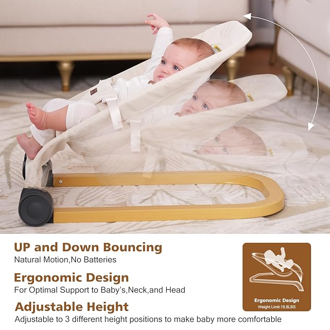 Baby Bouncer,Portable Baby Bouncer Seat & Foldable with 3 Height Adjustments, Ergonomic Bouncer for Babies 0-6 Months, Wood Grain Style, Natural Vibrations, Includes Storage Bag(Mesh Beige)