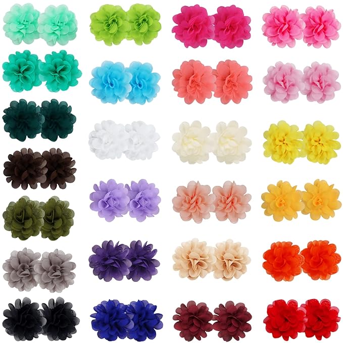 WillingTee 50pcs 2" Chiffon Flower Hair Bows Tiny Clips for Girls Fully Lined Non Slip Baby Clips Hair Accessories for Baby Girls Newborns Infants Toddlers 25 Colors in Pairs