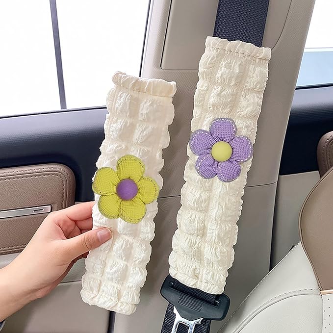 Car Seat Belt Cover Pad, 2 Pack Flower Car Accessorie Seatbelt Covers Cushion Neck Shoulder Strap Protector Universal Seat Belt Cover for Adults and Kids (Purple and Yellow)