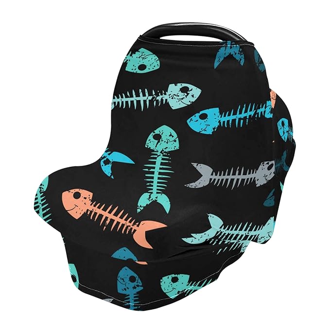 Multicolor Fish Skeleton Bone Skull Tattoo Print On Black Stretchy Baby Car Seat Cover Infant Canopy Nursing Covers Breastfeeding Cover Breathable Windproof Winter Scarf for Boys Girls