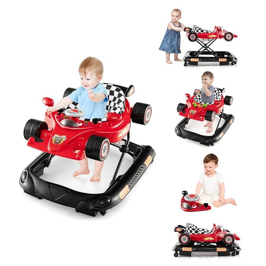 BABY JOY 4-in-1 Baby Walker, Foldable Activity Walker with Adjustable Height, Music & Lights, Anti-Rollover, Toddler Push Walker, Baby Walker with Wheels for Boys Girls 6-14 Months (Red)