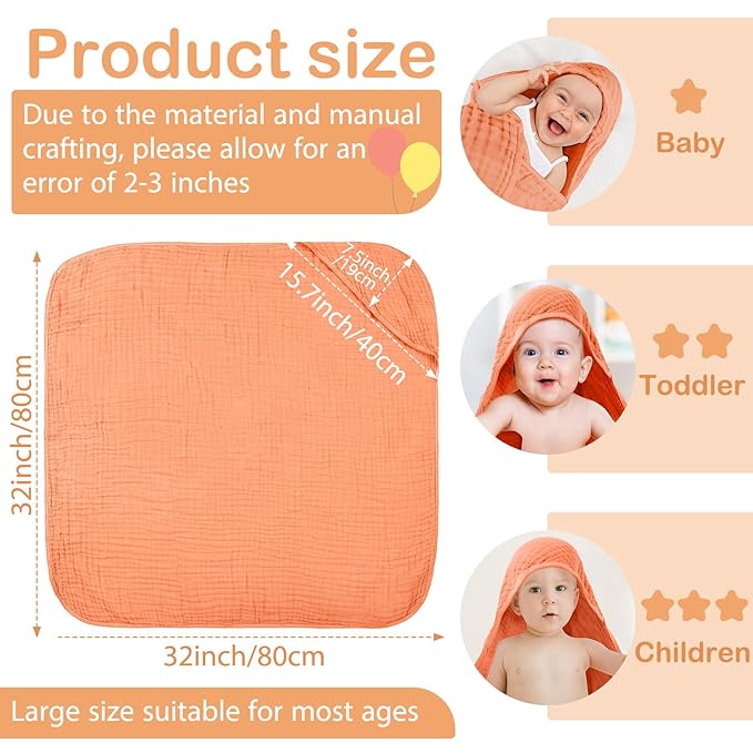 Peryiter 4 Pcs Muslin Hooded Baby Towels 32 x 32 Inch Cotton Newborn Bath Essentials Muslin Infant Blankets Absorbent Registry Gifts for Girl Boy Kids Baby Shower (Rainbow Colors)