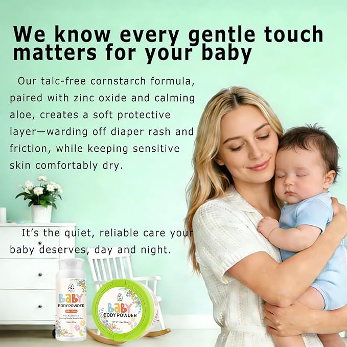 Talc-Free Baby Powder, Natural Cornstarch with Zinc Oxide, Hypoallergenic Formula for Sensitive Skin Chafe & Itch Relief, Help Prevent Diaper Rash, Gentle Care for Delicate Infant Diaper Area, 5oz