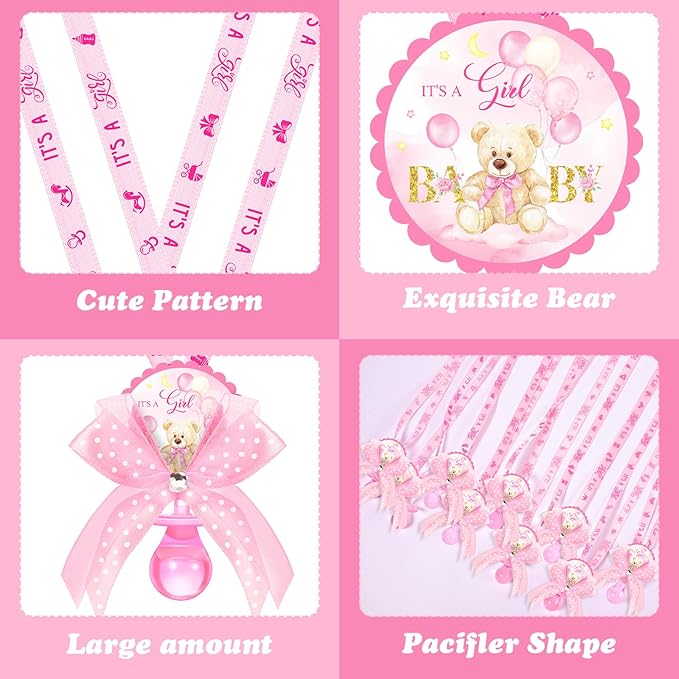 Hotop 36 Pcs Baby Shower Pacifier Necklace Bulk Bear Acrylic Pacifier Necklace for Baby Shower Charm Necklaces Party Favors for Girls Boys Gender Reveal Decoration Table Pieces(Pink,Girl)