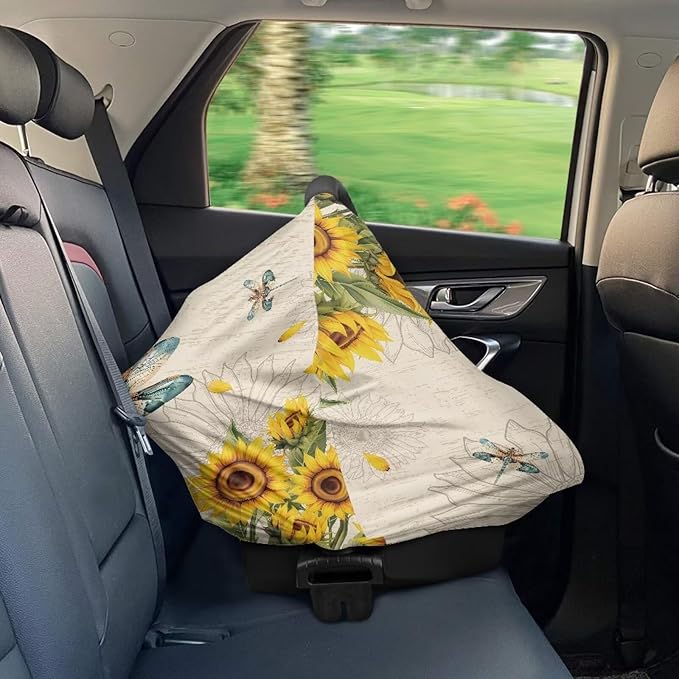 AFPANQZ Dragonfly Sunflower Baby Car Seat Covers for Girls Multifunctional Infant Car Seat Canopy Nursing Breastfeeding Scarf Shield Soft Breathable Stretchy 360 Coverage for Babies
