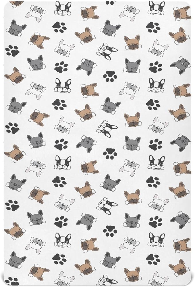 Dog French Bulldog Pug Dog Paw Fitted Crib Sheets Stretchy Portable Playard Sheets for Baby Toddler, Breathable Soft Mini Crib Mattress 52 x 28 in for Boys and Girls