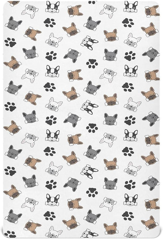 Fitted Crib Sheets Dog French Bulldog Pug Dog Paw Stretchy Portable Playard Sheets for Baby Toddler, Breathable Soft Mini Crib Mattress 39 x 27 in for Boys and Girls