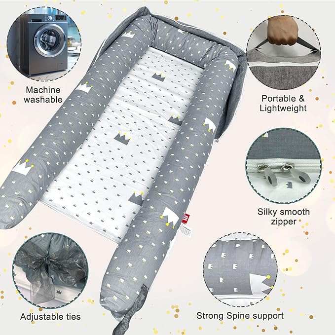 Baby Lounger, Foldable Portable Infant Lounger, Soft Breathable Baby Nest Cover, Suitable for 0-24 Months Newborn Baby Lounger,Home Travel Dual-Purpose Baby Nest(Grey)